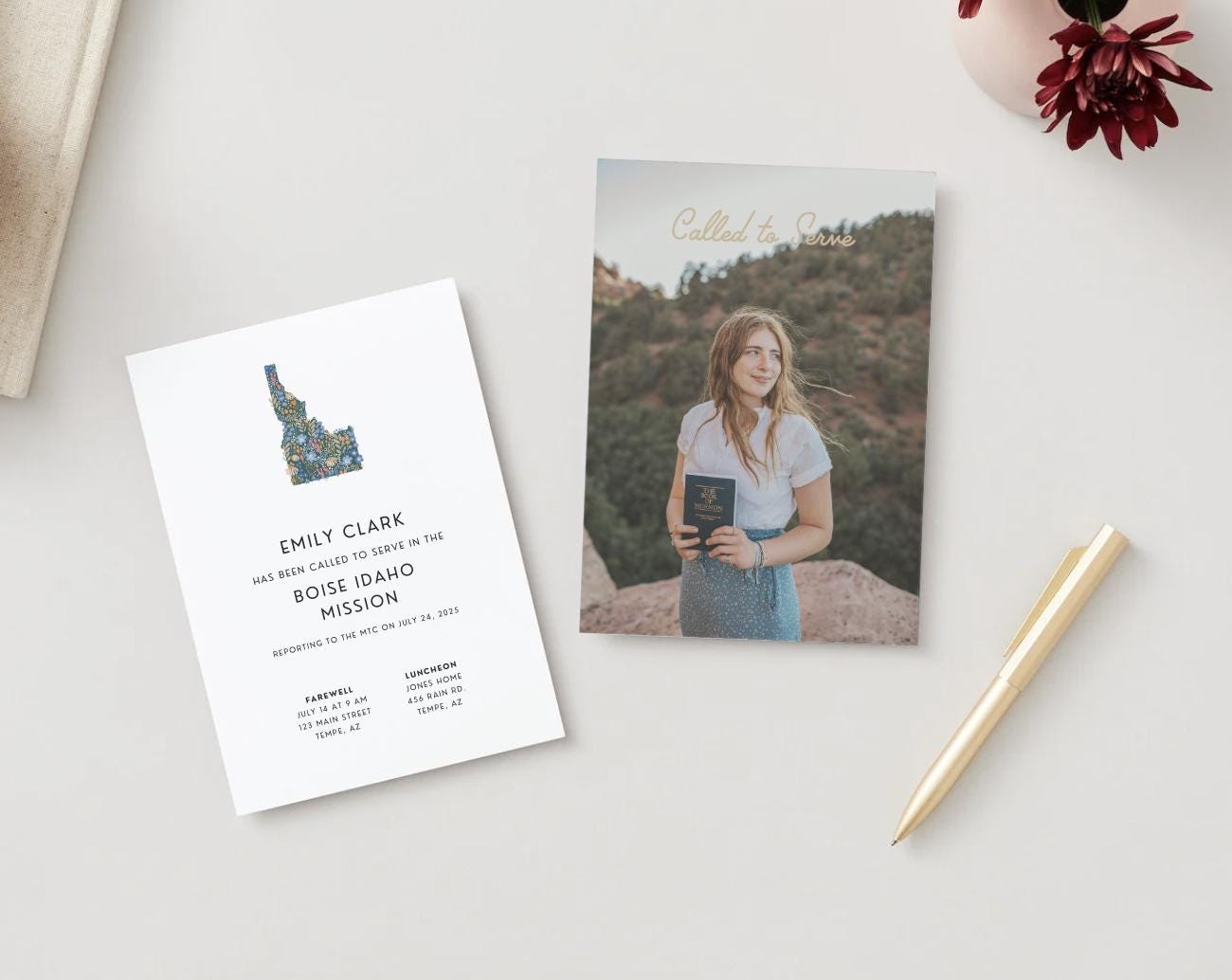 Idaho Missionary Farewell Invitation: Floral Luncheon Announcement (Canva Template, Digital Download