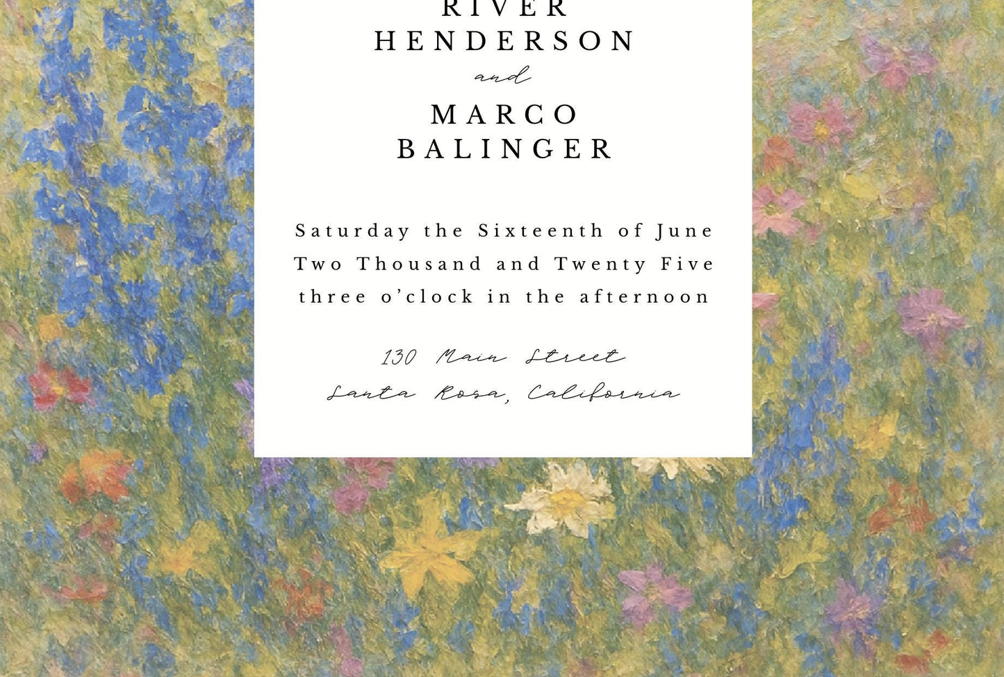 Monet Mountain Wedding Invitation Template: Wildflower Paint (Editable Canva Template)