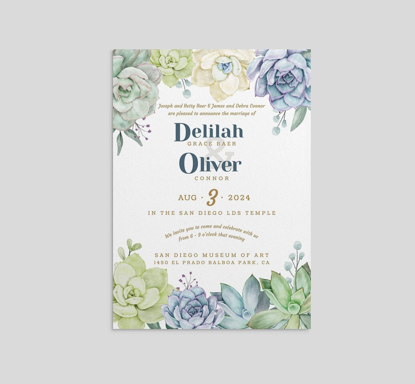 Boho Succulent Wedding Invitation Template (Printable Download)