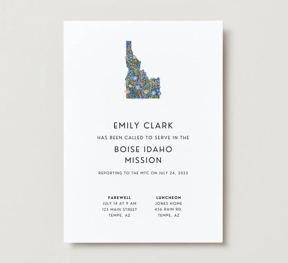 Idaho Missionary Farewell Invitation: Floral Luncheon Announcement (Canva Template, Digital Download