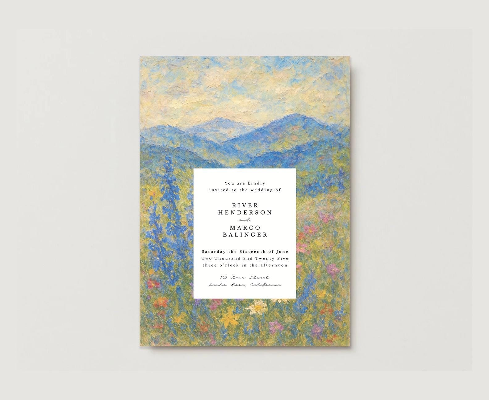 May include: A wedding invitation with a watercolor painting of a mountain landscape with blue and yellow hues. The text reads: 'You are kindly invited to the wedding of River Henderson and Marco Balinger. Saturday the Sixteenth of June Two Thousand and Twenty Five three o'clock in the afternoon 120 River Street Santa Barbara, California.'