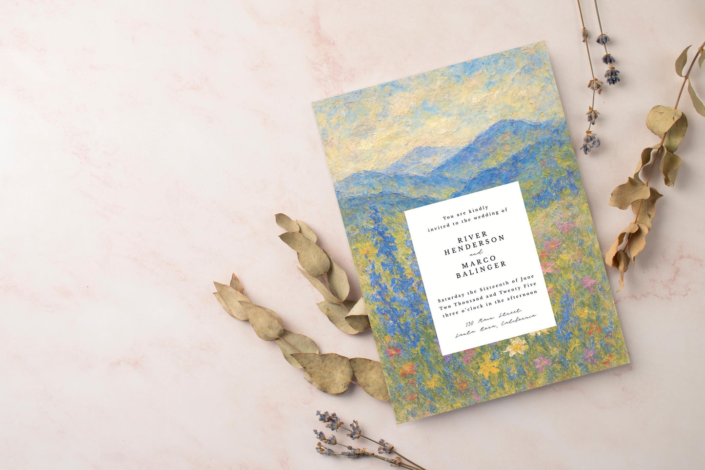 Monet Mountain Wedding Invitation Template: Wildflower Paint (Editable Canva Template)