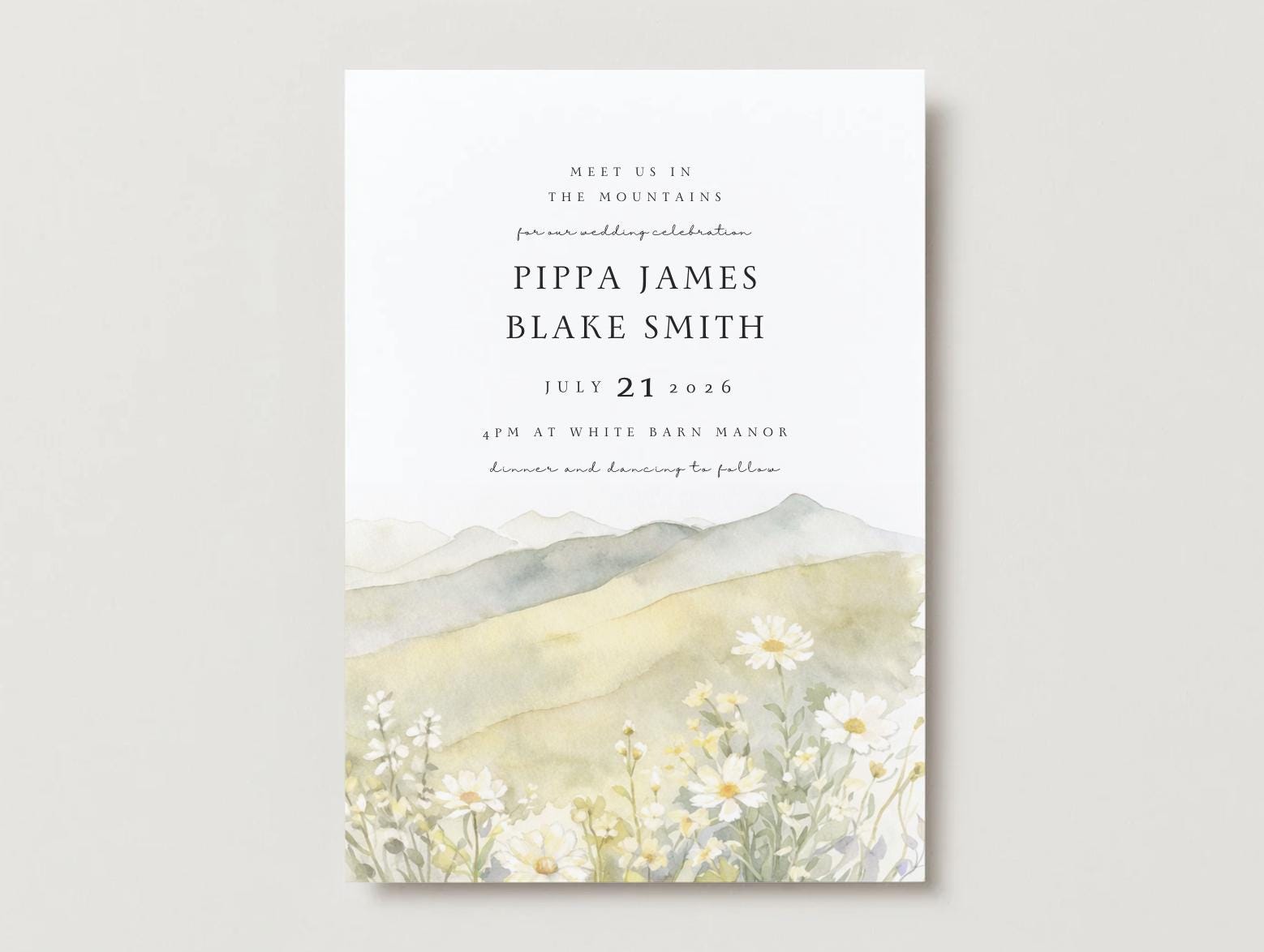 Neutral Wildflower Mountain Wedding Invitation Template (Digital Download)