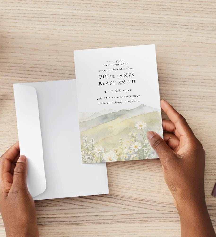 Neutral Wildflower Mountain Wedding Invitation Template (Digital Download)