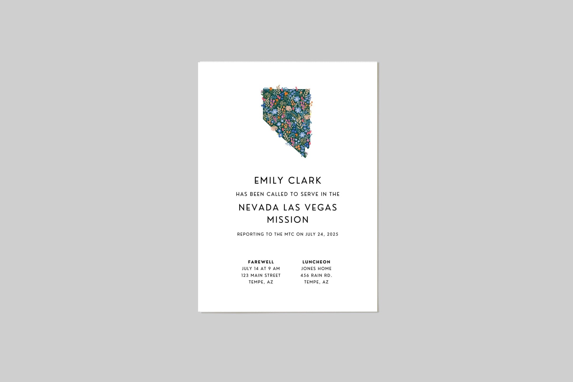 Nevada Missionary Farewell Invitation: Floral Design (Printable or Digital)