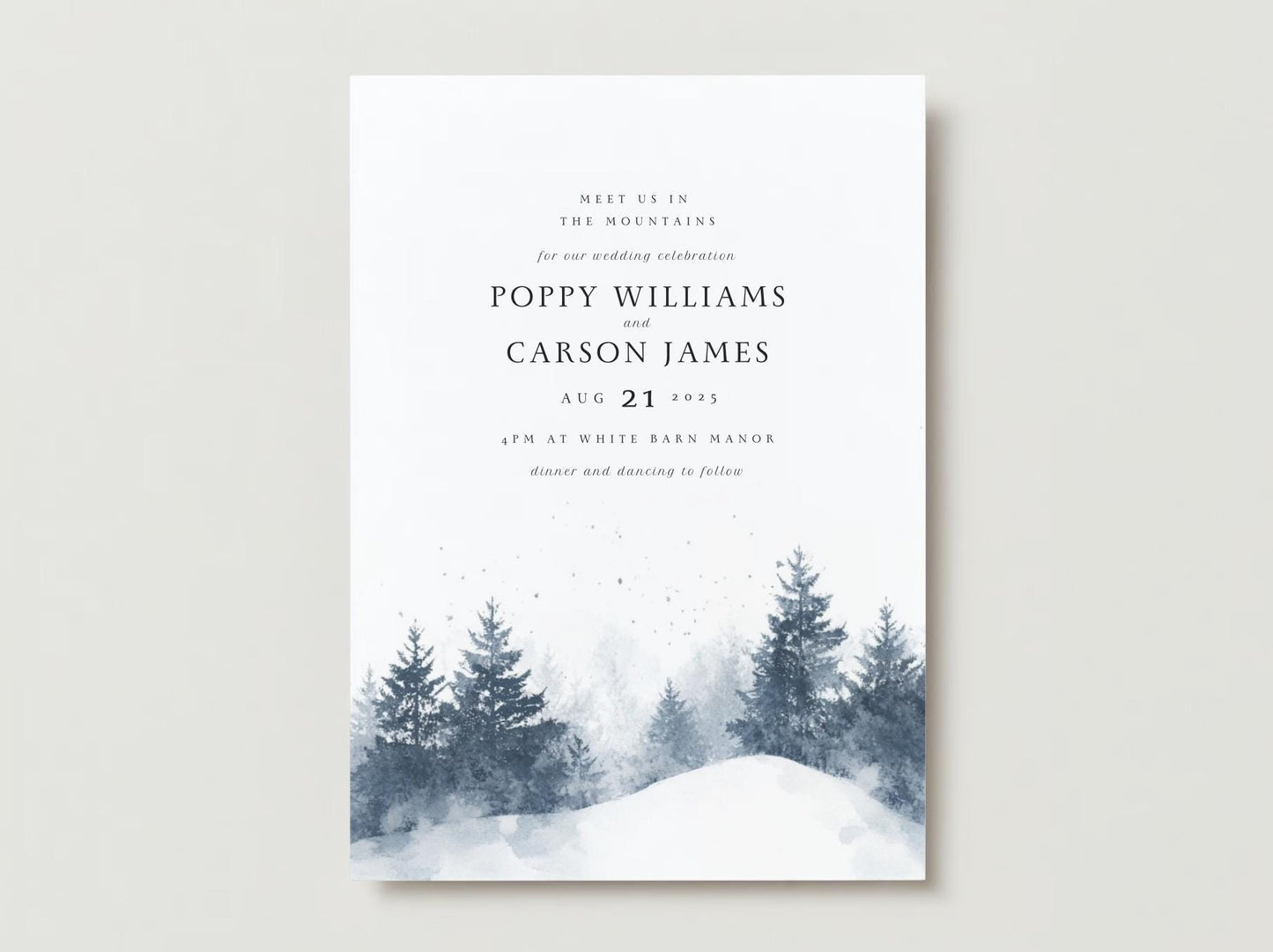 Snowy Pines Wedding Invitation Template: Watercolor Winter Scene (Digital)