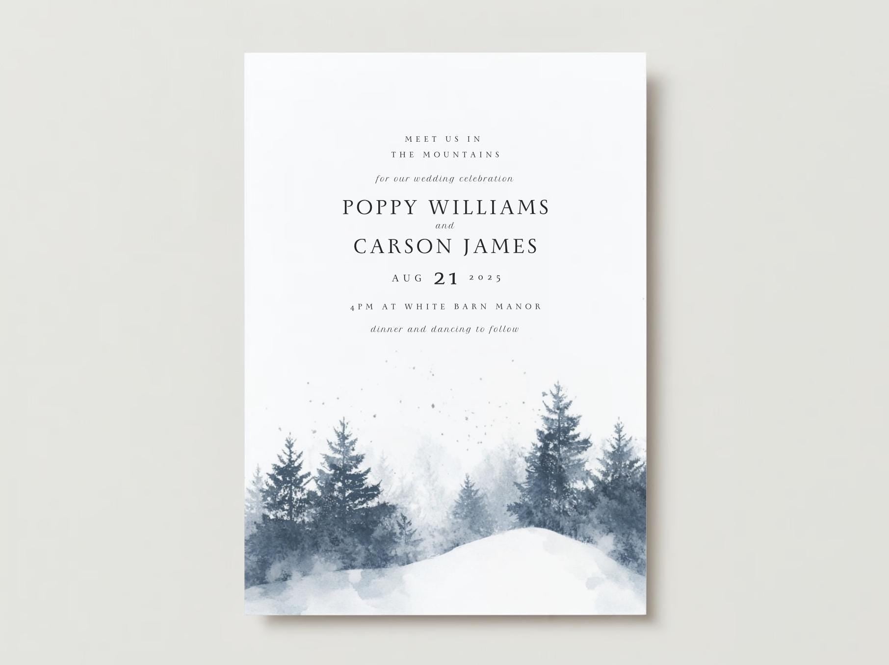 Snowy Pines Wedding Invitation Template: Watercolor Winter Scene (Digital)