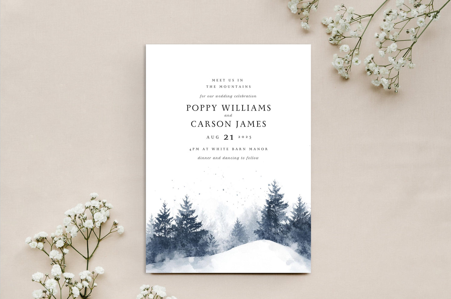 Snowy Pines Wedding Invitation Template: Watercolor Winter Scene (Digital)