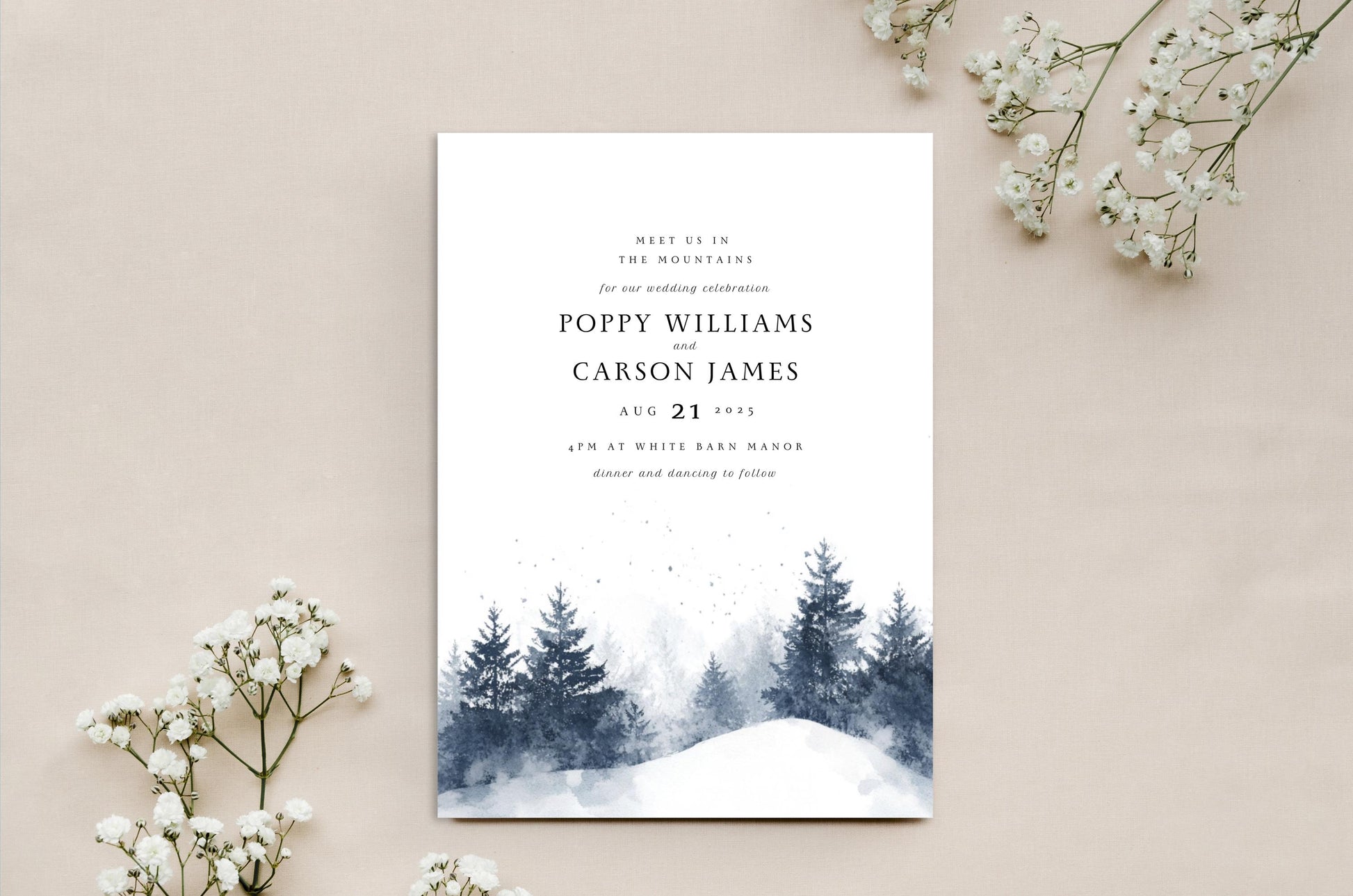 Snowy Pines Wedding Invitation Template: Watercolor Winter Scene (Digital)