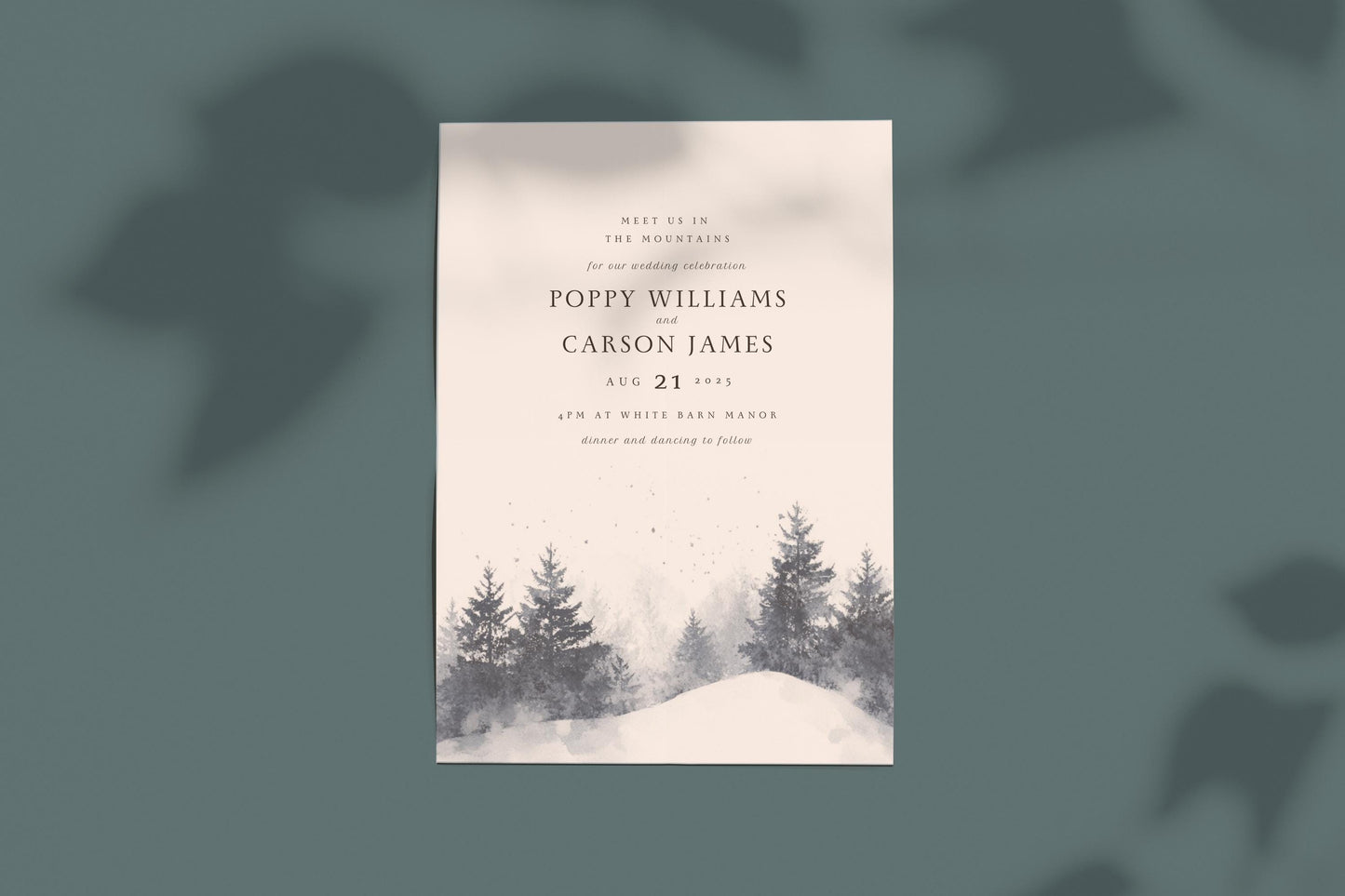 Snowy Pines Wedding Invitation Template: Watercolor Winter Scene (Digital)
