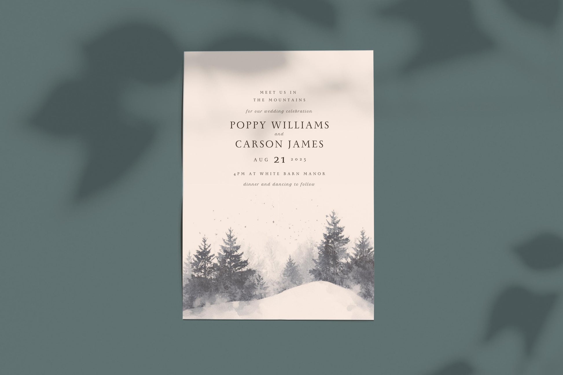 Snowy Pines Wedding Invitation Template: Watercolor Winter Scene (Digital)