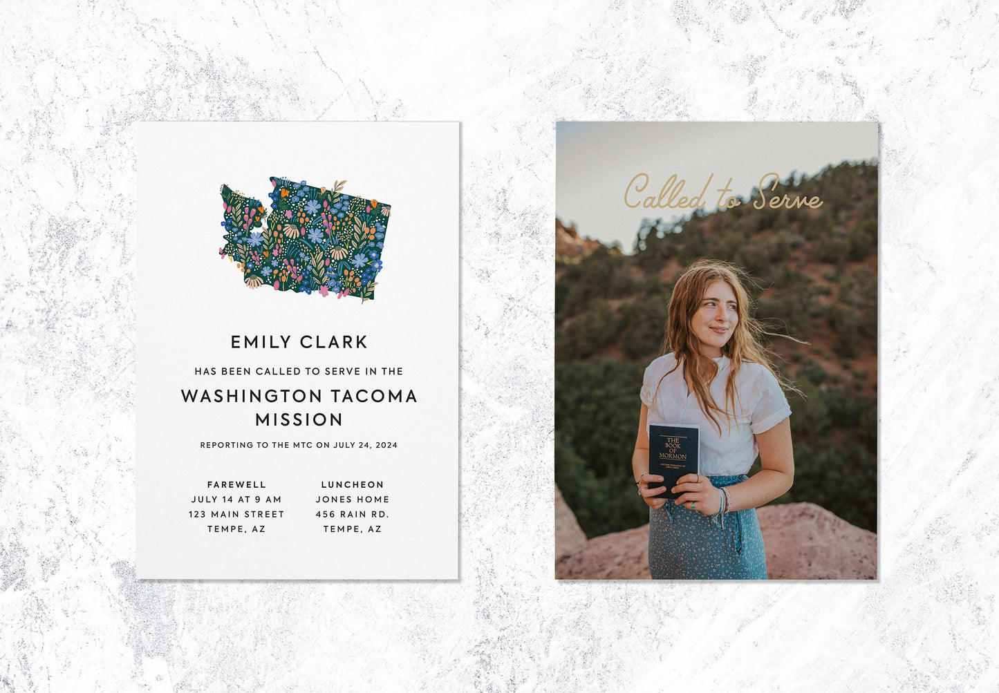5x7 Card with a white front and floral design state of Washington graphic. Information for an LDS mission farewell.