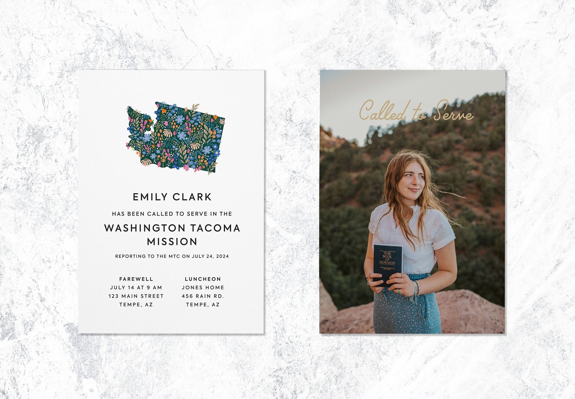5x7 Card with a white front and floral design state of Washington graphic. Information for an LDS mission farewell.