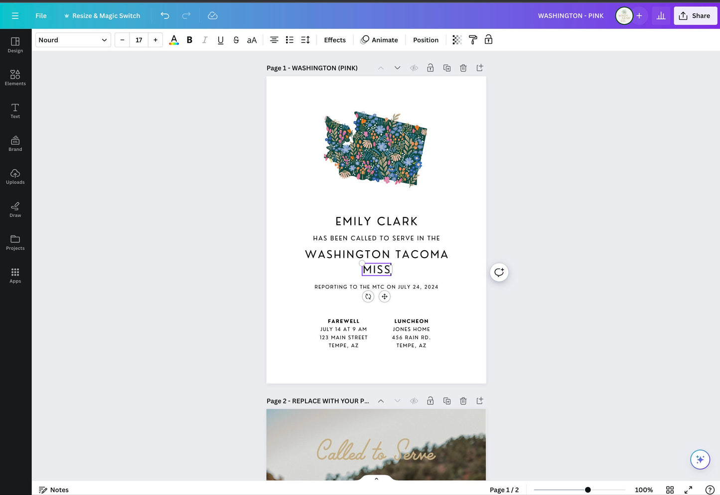 Washington State Mission Farewell Invitation: Floral Design (Digital)