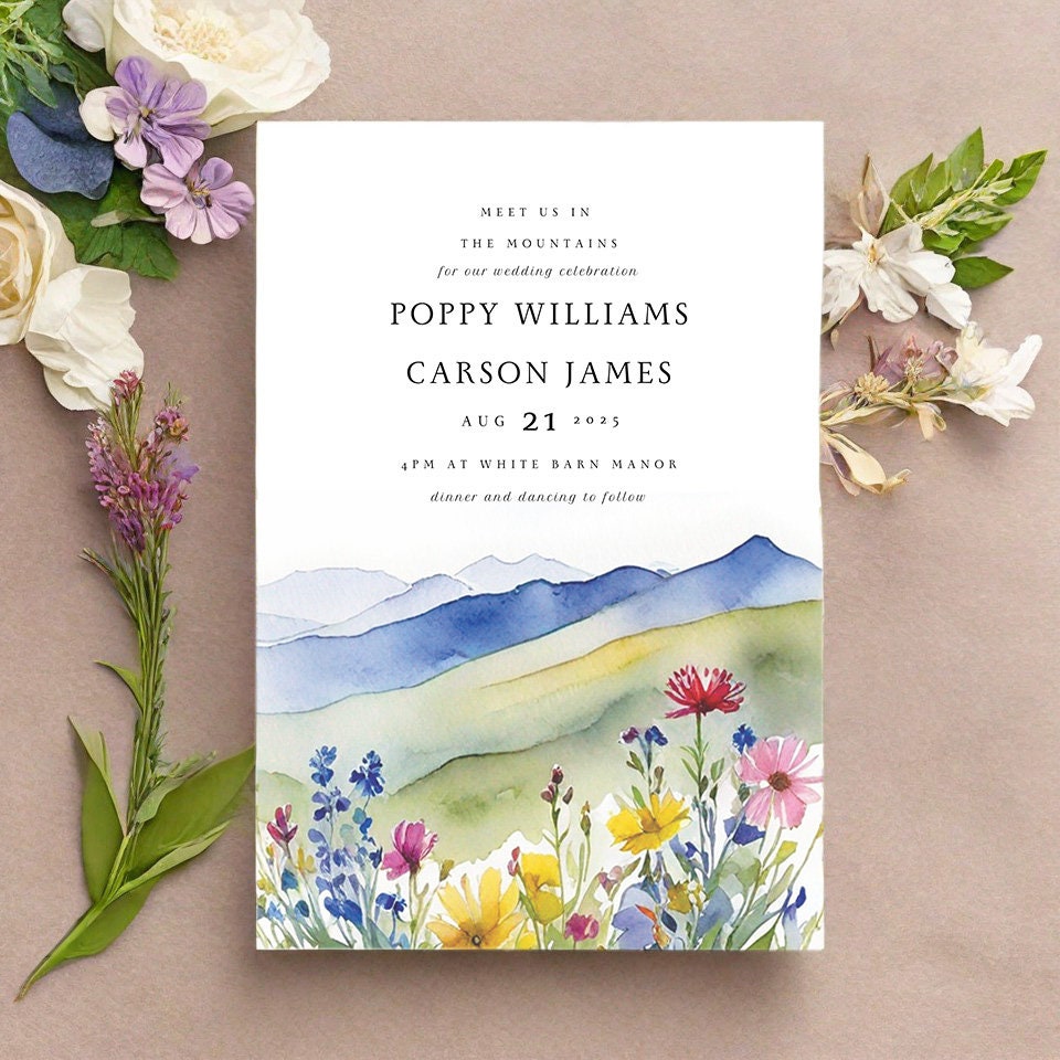 Wildflower Mountain Wedding Invitation Template (Digital Download)